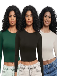 Moderna & Slim KIT 3: Women's Long Sleeve Top - Mid-Season Compression Tight Simple Casual Elegant Party Backless Beach - 長款黑色綠色和裸色 - 查看 1