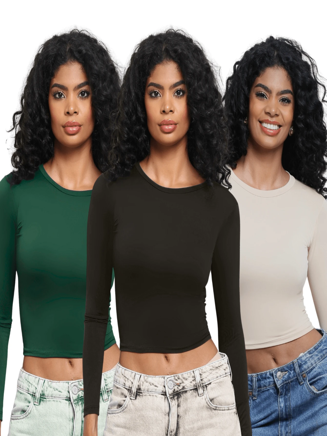 Moderna & Slim KIT 3: Women's Long Sleeve Top - Mid-Season Compression Tight Simple Casual Elegant Party Backless Beach - 長款黑色綠色和裸色 - 查看 1