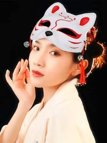 3pcs Cosplay Cat Mask, Hand Painted Half Fox & Japanese Style Anime Half Face Cover,Fox Mask Valentine's Day Animal Costume Party Accessories, Cute Kabuki Cosplay Half Face Masquerade Theater Mask Japanese Style,Halloween, Christmas