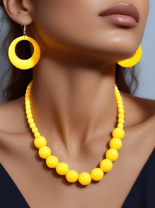 Conjunto de 3 piezas de llamativa joyería bohemia de vacaciones: collar con cuentas amarillas y pendientes colgantes circulares exagerados