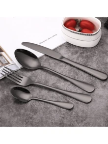 4/16/24pcs Stainless Steel Cutlery Set, High-Quality Minimalist Durable Black Tableware Set, Knife Fork Spoon Set, Suitable For Western Dining, Home Banquet, Elegant & Practical - Black - View 4