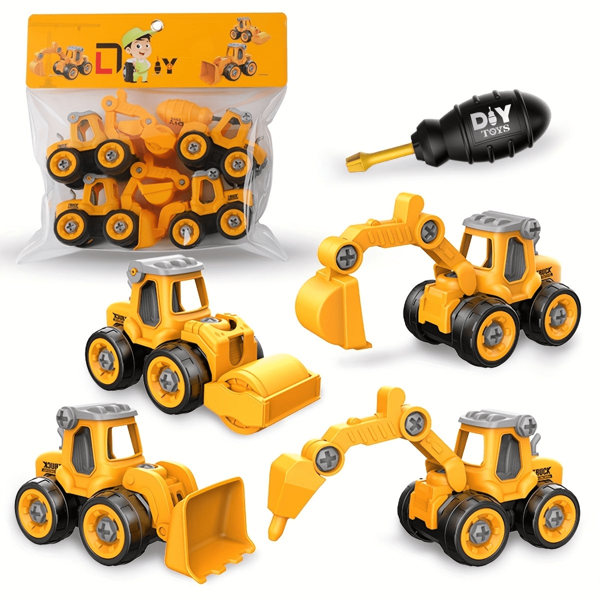 Ensemble de 4 véhicules de construction avec 1 tournevis - Jouet de démontage et d'assemblage éducatif, comprend des blocs de construction de pelle excavatrice - Cadeau parfait pour Noël, Nouvel An et anniversaire