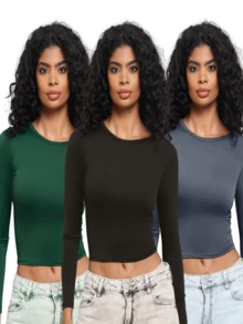 Moderna & Slim KIT 3: Women's Long Sleeve Top - Mid-Season Compression Tight Simple Casual Elegant Party Backless Beach - 長款黑色,綠色和灰色 - 查看 1