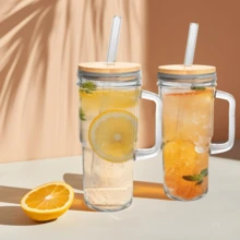 Glass Handle Cups With Lids And Straws 2 Packs, 24oz Travel Coffee Fall Cups Mug Mason Jar Party Drinking Glasses Cute Clear Glass Tumbler For Iced Coffee, Smoothie, Tea, Water - Handle 2 Cups - 查看 2