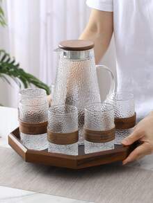 1 套 1500L 耐热玻璃水壶，带托盘和杯子，现代胡桃木色水壶和果汁瓶套装，适合派对和所有季节