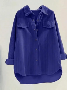 女式纯色前扣长袖仿口袋休闲衬衫 - 藍色 - 查看 1