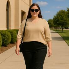 Blusa Feminina Manga 3/4 Plus Size Elegante Trabalho Ferias Outono Inverno Alfaiataria Social Casual - Bege - Visão 3