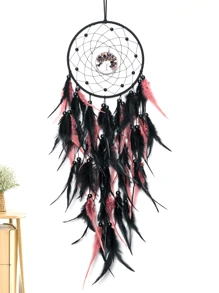1 Stück schwarzer & rosa Kristall Lebensbaum Federtraum Catcher Wanddekoration im Gothic Stil, handgemacht mit Kristallsteinen