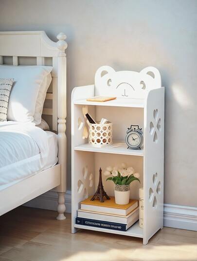 1 pieza Mesa de Noche de 3 Capas Blanca | Diseño de Oso Lindo | Estantes para Libros, Soporte para Teléfono y Almacenamiento | Ideal para Espacios Pequeños, Dormitorio, Oficina y Sala | Compatibilidad con Lámpara de Escritorio y Luz Nocturna
