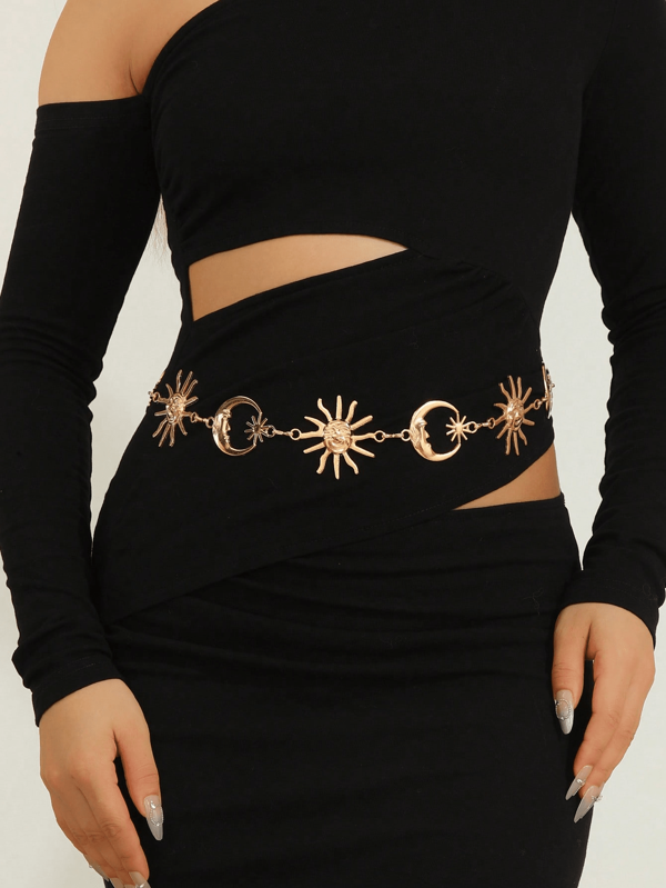 Vintage Sunflower & Moon Metal Waist Chain Belt, Suitable For Dresses Summer, School