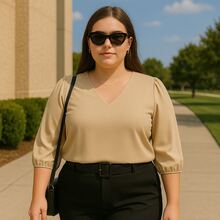 Blusa Feminina Manga 3/4 Plus Size Elegante Trabalho Ferias Outono Inverno Alfaiataria Social Casual - Bege - Visão 4