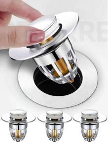 1pc Universal Bathroom Sink Stopper With Hair Catcher, Spring Core Bathtub Drain Cover, Plastic Core Pop Up Sink Plug, Basin Drain Strainer, Press Type Sink Plug, Bathroom Accessories, Bathroom Supplies