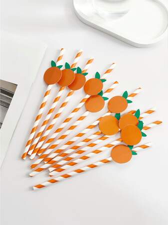 10pcs Orange Paper Straws, Disposable Paper Straw Tableware For Birthday Party, Summer Cold Drinks, Juice, Decorative Orange Straws,