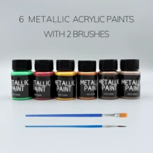 6 Metallic Acrylic Paints + 2 Brushes – Rich Pigments, 20ml Each, For Rock, Leather, Glass, Ceramic, Fabric - Sets - View 7