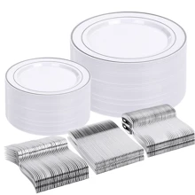 50pcs Silver Plastic Plates, Silver Disposable Dinnerware Set Includes Plates, Dessert/Salad Plates, Silver Forks, Knives And Spoons - Serves 10/25/50 People, Tableware Set Perfect For Weddings, Holidays, Parties