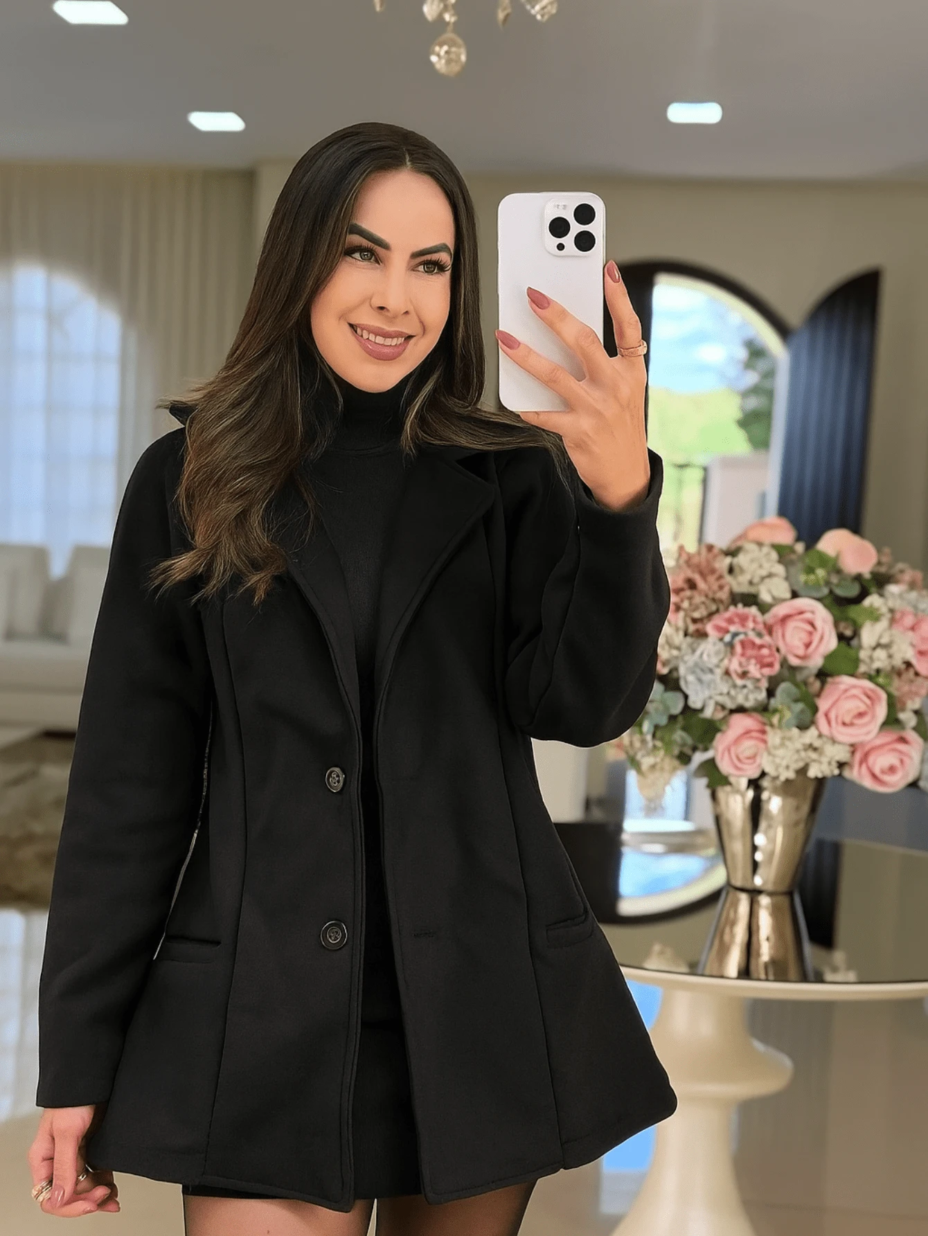 Women's Medium-Length Overcoat With Pockets Buttons Elegant Wool Blend Winter - 黑色 - 查看 1