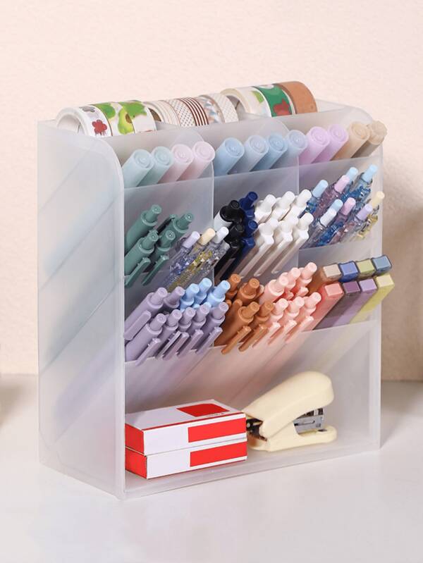1 pièce Support de stylo incliné, boîte de rangement de papeterie à grille multiple, organisateur de bureau cosmétique grande capacité, étui à stylo