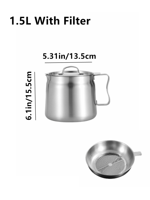 1 pieza Tanque de filtro de aceite de acero inoxidable 304, olla de aceite de cocina con protección contra fugas, adecuada para freír papas, pollo, colador de aceite, gran capacidad de 1,5 L/2,0 L, regalo para familiares y amigos