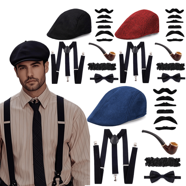 1 Set de accesorios de disfraz de hombre de los años 20: sombrero, máscara, pipa, pajarita, tirantes, bigote postizo, brazalete - 5 piezas - para cosplay, baile de máscaras, atuendo de fiesta de Halloween