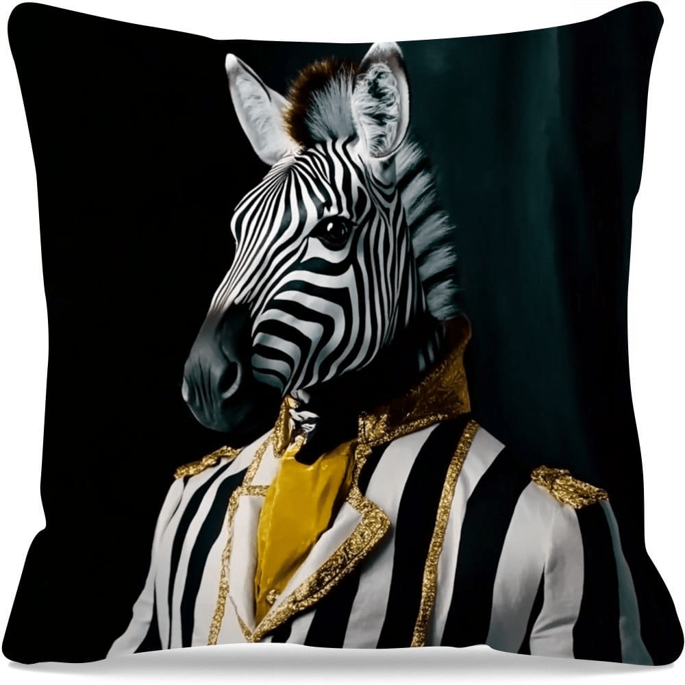 1pc Chic Zebra In Suit Design Throw Pillow Cover, Soft Polyester, Machine Washable Cushion Case For Sofa, Bed, Living Room Decor - Traditional Style With Contrasting Patterns, Zebra Decor