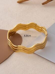 3pcs Stacked Bracelets, Stainless Steel Plated Fashionable Wave Design, Suitable For Men And Women, Daily Wear And Parties - 3-piece Wave Bracelet - View 9