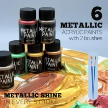 6 Metallic Acrylic Paints + 2 Brushes – Rich Pigments, 20ml Each, For Rock, Leather, Glass, Ceramic, Fabric - Sets - View 1