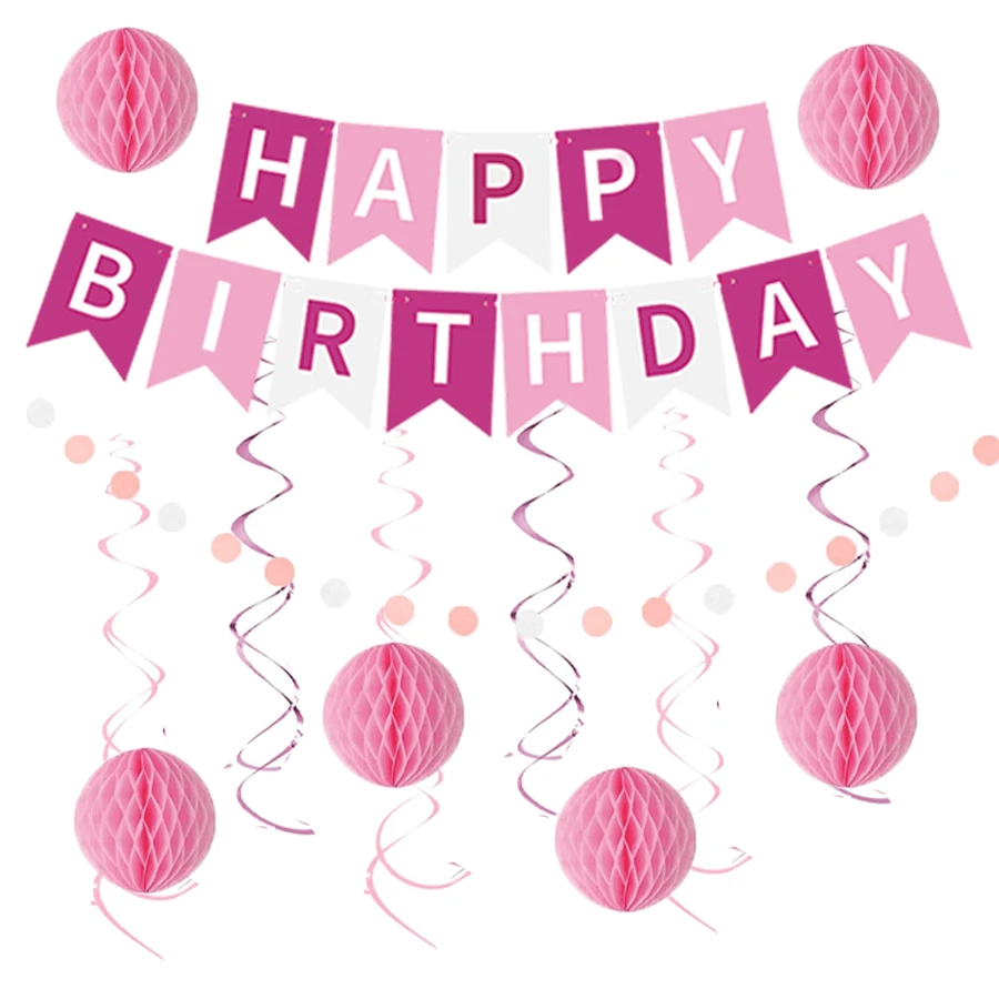 Birthday Decorations - Pink Happy Birthday Banner, Honeycomb Balls, Swirls, Garland Happy Birthday Decorations For Women, Happy Birthday Sign, Pink Birthday Decorations, Birthday Decorations - Pink Spiral Set - View 1