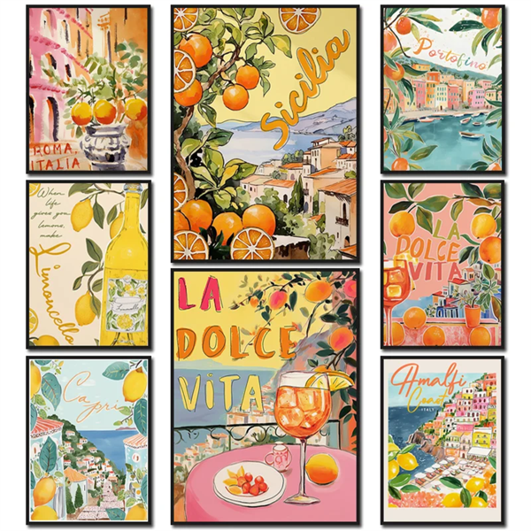 1 pieza Cartel y impresos Pintura en lienzo Retro Spritz Santorini Italia Póster de arte de pared de viaje Decoración de sala de estar Sin marco