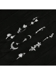 Conjunto de 9 anéis de coreanos minimalistas com formato de coração, estrela, lua e flor, conjunto de presente para mulheres, adequado para encontros, feriados, combinação diária (sem caixa)