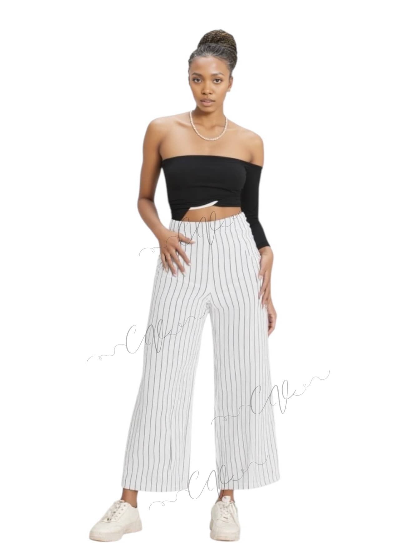 Pantalón con Pinzas Acampanado. Elegante. Oficina. - Blanco y Negro - Ver 1