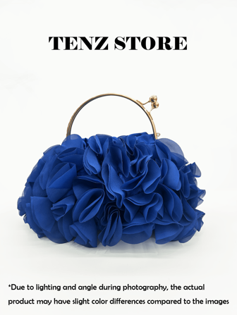 Women's Elegant Royal Blue Floral Pleated Satin Clutch Bag, Party Handbag - Fashionable Chiffon Petal Handbag With Chain Shoulder Strap, Fits ProMax Size Phone And Essentials, Perfect For Bride, Wedding, Date, Prom, Holiday, Formal Occasions, Graduation Party, Spring Gala, Cocktail Party And Special Events (Pattern Random)