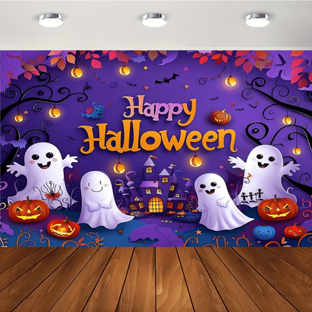 1pc Halloween Banner Background - Polyester Material, Cute Ghosts, Pumpkins, Haunted Houses, Bats And Shiny Lanterns, Perfect For Halloween Parties, Home Decoration And Trick Or Treat Events