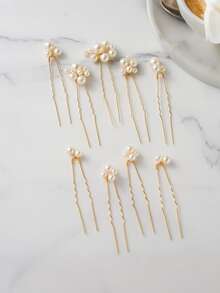 9pcs Faux Pearl Flower Hair Clips & Combs Set, Leaf Shaped Bridal Hair Accessories, Wedding Hair Decorations Valentine's Day Accessories - Multicolor - View 15
