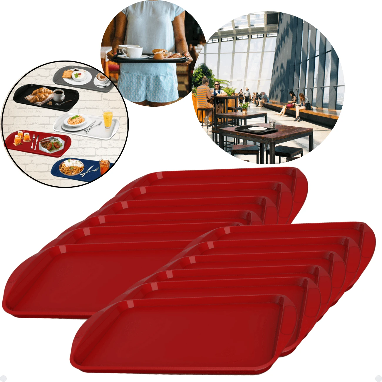 Kit com 12 Bandejas Multiuso Retangular 44x30,7 cm Resistente Restaurante Self Service Fast Food - Vermelho - Visão 1