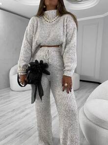 Women's Mousse Knit Set – Turtleneck Top With Sleeves And Wide Leg Pants, Elegant And Comfortable Style - Tự nhiên - Xem 1