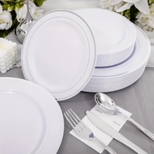 50pcs Silver Plastic Plates, Silver Disposable Dinnerware Set Includes Plates, Dessert/Salad Plates, Silver Forks, Knives And Spoons - Serves 10/25/50 People, Tableware Set Perfect For Weddings, Holidays, Parties