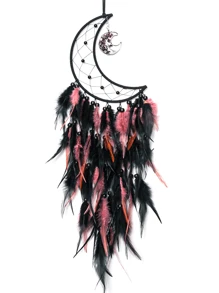 1 Stück schwarzer & rosa Kristall Lebensbaum Federtraum Catcher Wanddekoration im Gothic Stil, handgemacht mit Kristallsteinen