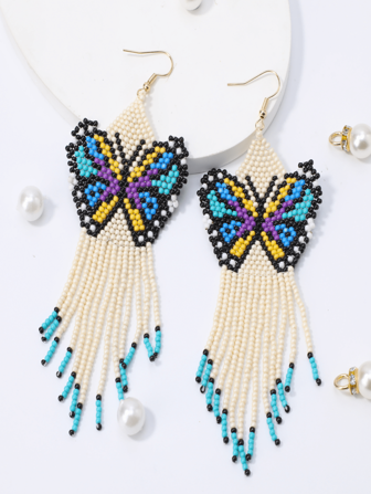 Handgjorda örhängen i bohemisk stil med pärlor och tofsar, söt fjärilsdesign, söta droppörhängen, unik design, perfekt för högtidsfest och present till vänner