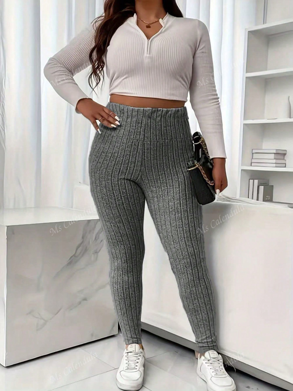 Leggings de fitness grande taille pour femmes - Pantalon de yoga taille haute avec doublure en polaire, collants de gym rayés unicolore, pantalon thermique extensible pour la course (1X-5X)