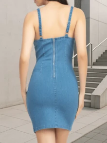 Vestido corto mezclilla dama mujer tirante corte cutout abdomen moño pecho frunce nudo cierre espalda comodo fresco ligero stretch primavera verano casual moderno estilo urbano y2k juvenil cena playa calor - Azul lavado medio - Ver 6