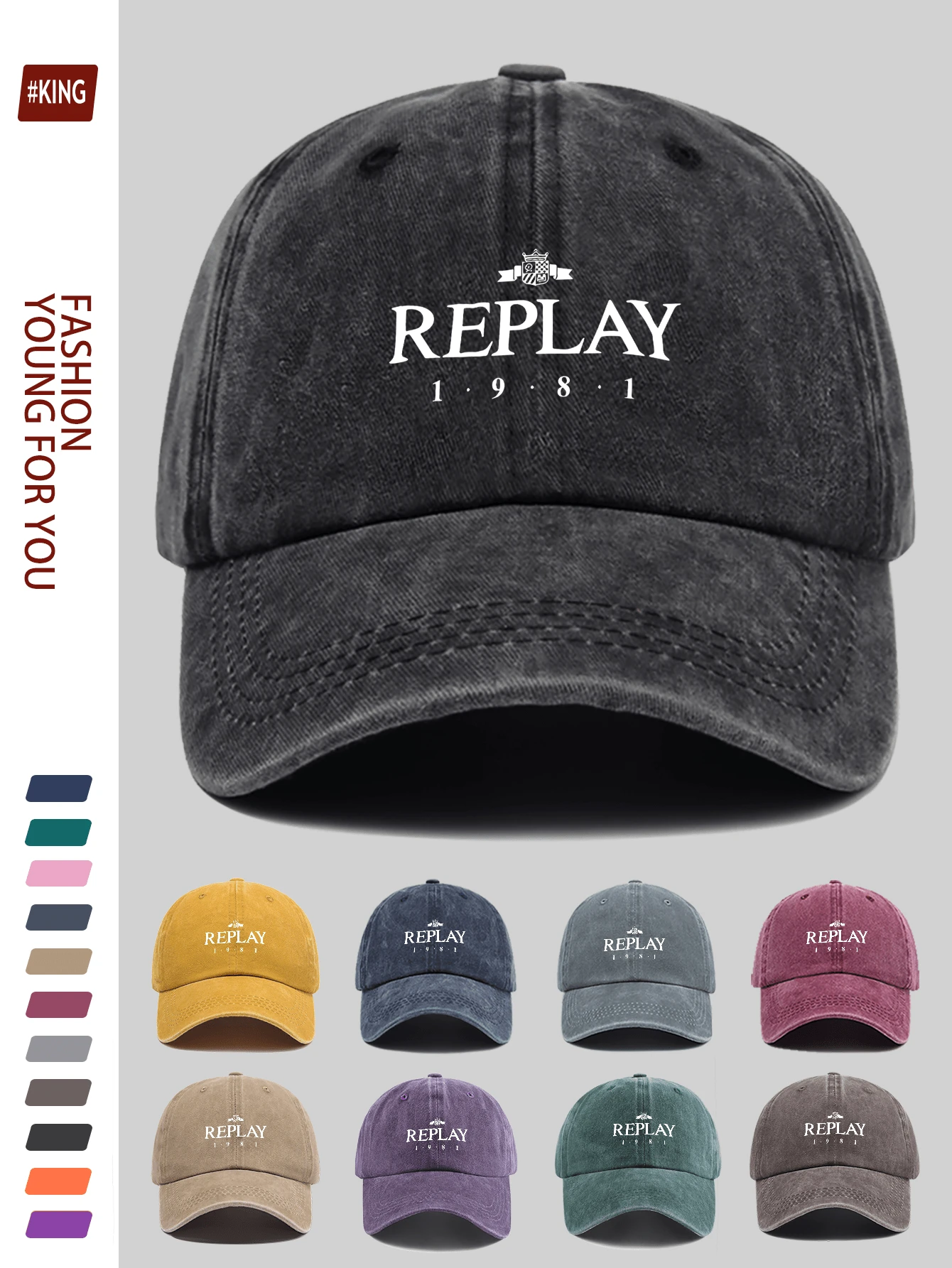 1pc "REPLAY" Fashionable Printed Baseball Cap, Funny Print Design, Black Papa Truckers Hat, Breathable & Comfortable, Solid Color Minimalist Retro Dad Hat, Adjustable Size, Suitable For All Seasons, Summer Outdoor Fishing Cap, Versatile For Men And Women, Ideal For Outdoor Cycling, Sports, Hiking, Fishing, Hunting, Father Fishing Holiday Birthday Gift - A - View 1