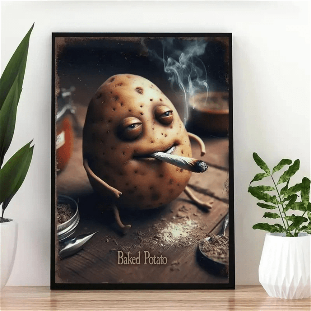 1 pieza Impresión en lienzo de estilo moderno y divertido de un personaje de dibujos animados de patata horneada fumando, arte de pared para decoración de sala de estar o dormitorio, sin marco