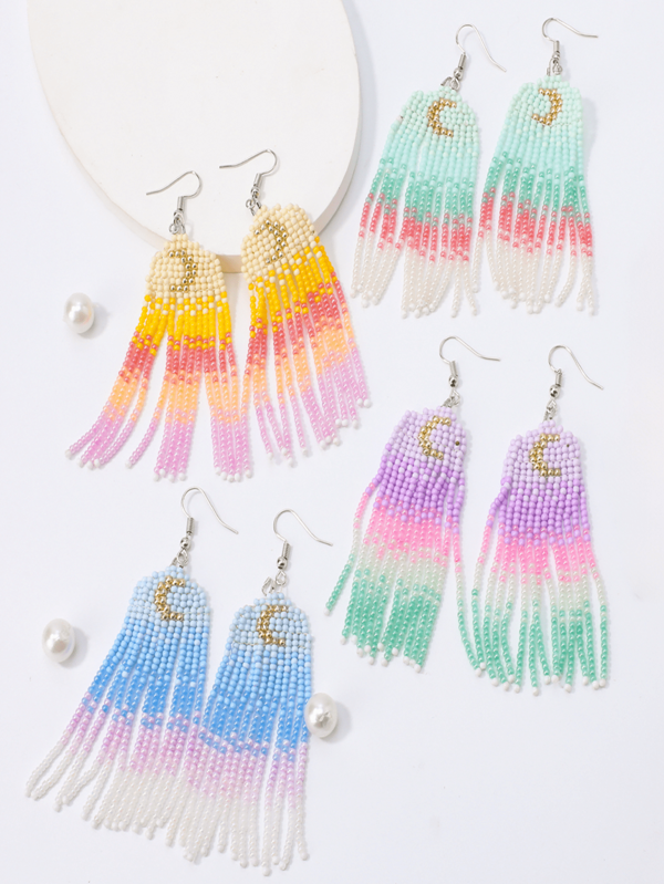 Bohemian Style Handmade Rice Bead Woven Tassel Earrings, Colorful Summer Dopamine Sweet Charm Personalized Design Earrings, Festival Party Gifts For Friends