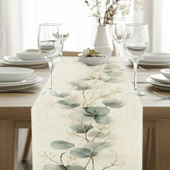 1 件优雅的绿叶图案桌旗，浅米色，水彩设计，适合家庭厨房装饰、节日聚会、节日餐桌布置、优雅的餐具配件，由涤纶面料制成，餐桌装饰