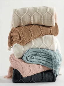 50 英寸 X 60 英寸钻石针织盖毯，轻盈柔软舒适，适合床上、沙发、农舍、户外、旅行、办公室 - 白色 - 查看 4