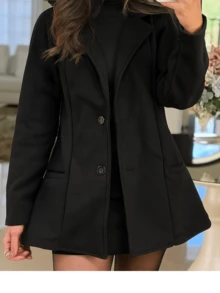 Women's Medium-Length Overcoat With Pockets Buttons Elegant Wool Blend Winter - 黑色 - 查看 2