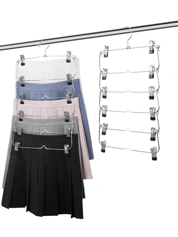 1pc 4/6-Tier Metal Skirt Pants Clips Pants Rack,Super Durable Hanger 4/6-Tier Skirt Pants Shorts Hangers With Adjustable Clips Space Saving No Slip 12 Clips Clothing Storage Metal Skirt Rack Clothes Hangers,Multi-Function Storage Hanger