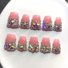 10pcs Elegant Nude Pink French Tip Press-On Nails With Sparkling AB Crystal Rhinestones - Medium Duckbill Shape, Reusable & Salon-Quality For Weddings, Parties & Birthday