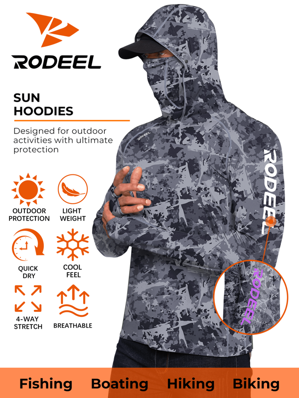 RODEEL Men's Masked Plug-In Hooded With Finger Holes Sweat Absorbent And Breathable Long Sleeve Neck Fishing T-Shirt With Allover Printed Design For Outdoor Activity, Hiking, And Riding
