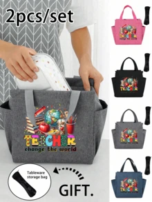 Bolsa isotérmica de temperatura constante, bolsa isotérmica con patrón "Profesor", emparejada con bolsa de almacenamiento de cubiertos negra, bolsa de almuerzo con doble bolsillo, bolsa isotérmica de gran capacidad para comidas de estudiantes, bolsa de picnic portátil de viaje, bolsa isotérmica para el almuerzo de la oficina y la escuela, fiambrera para el trabajo, fiambrera para vacaciones en la oficina - Multicolor - Ver 2